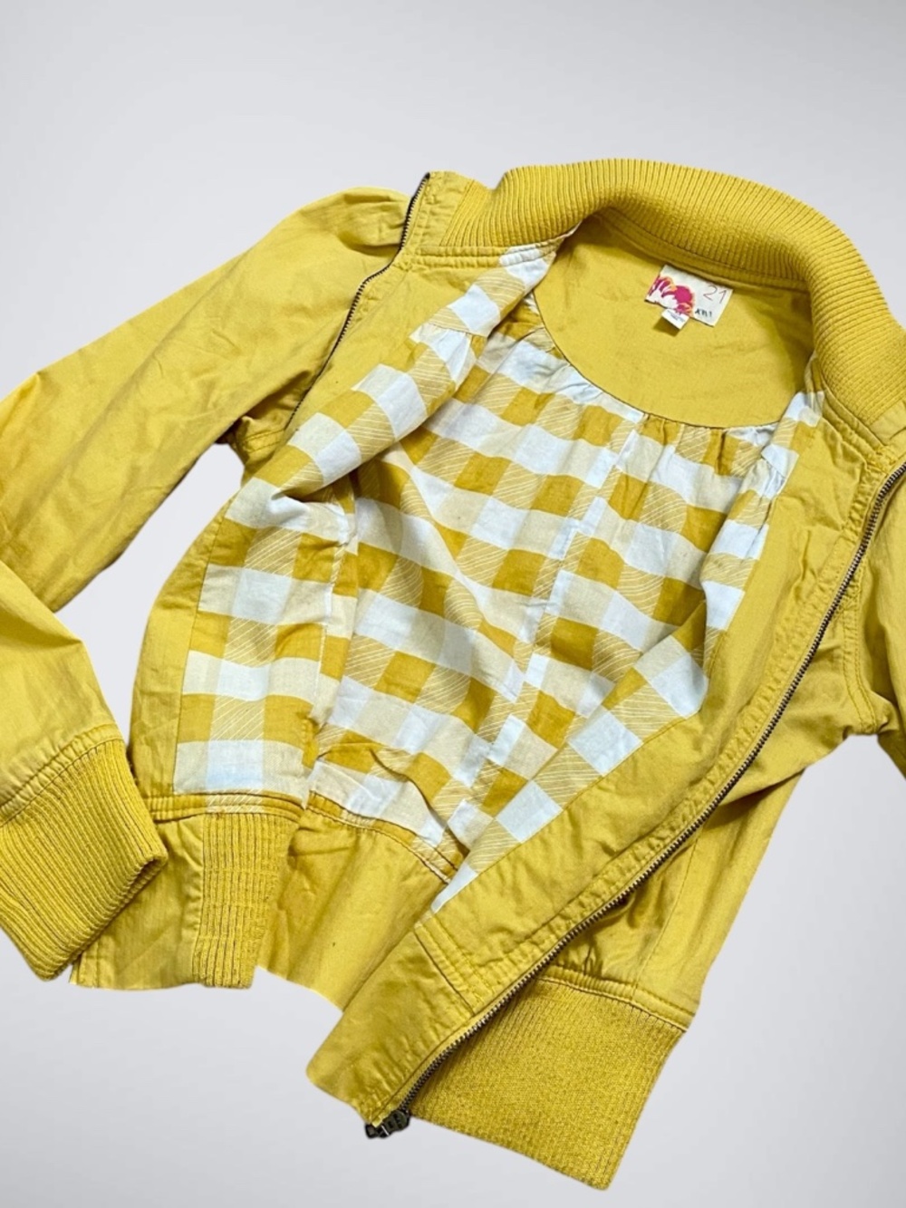 Vtg 2000s Forever 21 Mustard Yellow Utility Zip Up Jacket | Gingham Lined - Picture 4 of 6